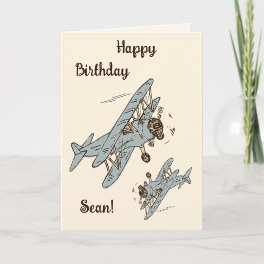 Art Deco Bi-planes - blauw Happy Birthday + naam. Kaart (Voorkant)