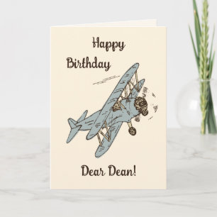 Art Deco Bi-planes - blauw Happy Birthday + naam. Kaart