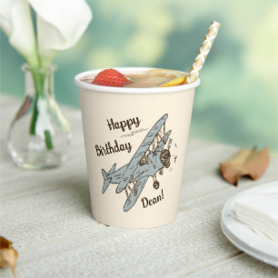 Art Deco Bi-planes - blauw Happy Birthday + naam. Papieren Bekers