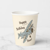 Art Deco Bi-planes - blauw Happy Birthday + naam. Papieren Bekers (Achterkant)