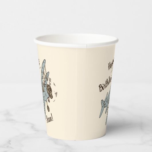 Art Deco Bi-planes - blauw Happy Birthday + naam. Papieren Bekers (Rechts)
