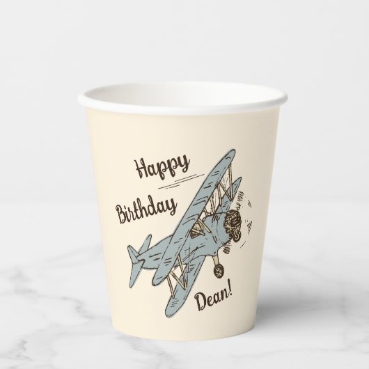 Art Deco Bi-planes - blauw Happy Birthday + naam. Papieren Bekers (Voorkant)