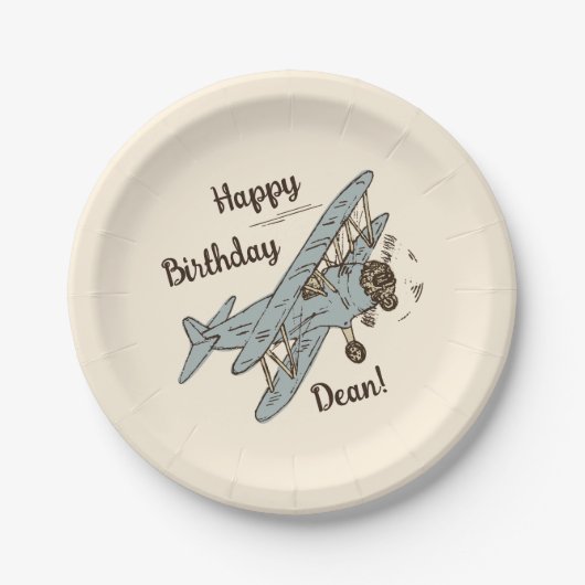 Art Deco Bi-planes - blauw Happy Birthday + naam. Papieren Bordje (Voorkant)