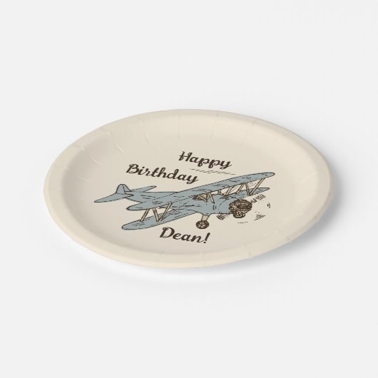 Art Deco Bi-planes - blauw Happy Birthday + naam. Papieren Bordje (Gekanteld)
