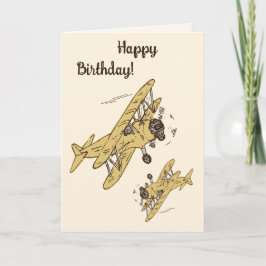 Art Deco Bi-planes - geel Happy Birthday. Kaart