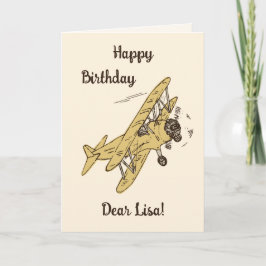 Art Deco Bi-planes - geel Happy Birthday + naam. Kaart