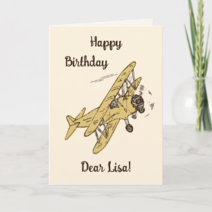 Art Deco Bi-planes - geel Happy Birthday + naam. Kaart