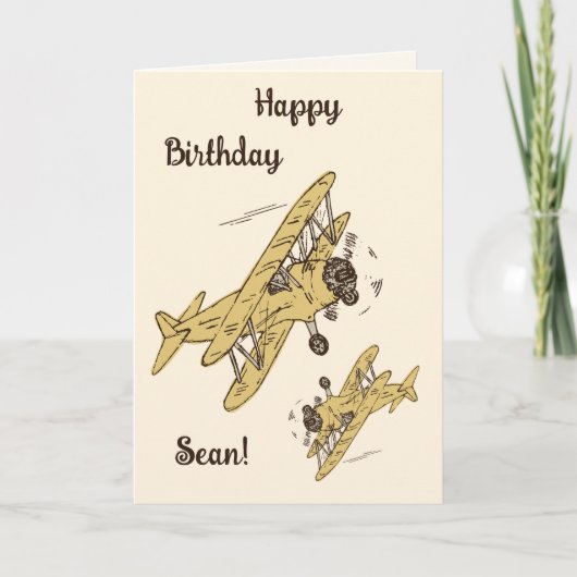 Art Deco Bi-planes - geel Happy Birthday + naam. Kaart (Voorkant)