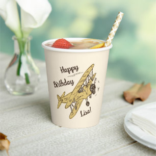 Art Deco Bi-planes - geel Happy Birthday + naam. Papieren Bekers