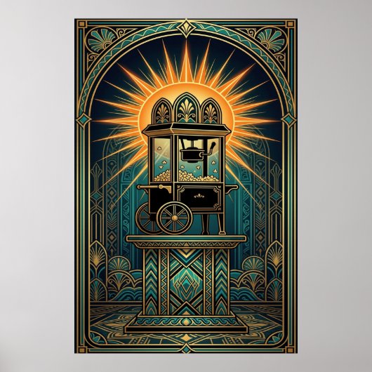 Art Deco Bioscoop Popcornmachine Goud & Teal Poster (Voorkant)