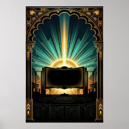 Art Deco Bioscoop Popcornmachine Goud & Teal Poster