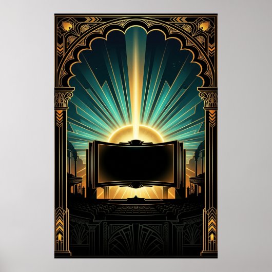 Art Deco Bioscoop Popcornmachine Goud & Teal Poster (Voorkant)