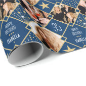 Art Deco Birthday Custom Photo Any Age 35th Navy Cadeaupapier (Rol Hoek)