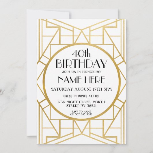 Art Deco Birthday Gatsby Gold Invite uit 1920 Kaart (Voorkant)