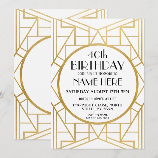 Art Deco Birthday Gatsby Gold Invite uit 1920 Kaart (Voorkant / Achterkant)