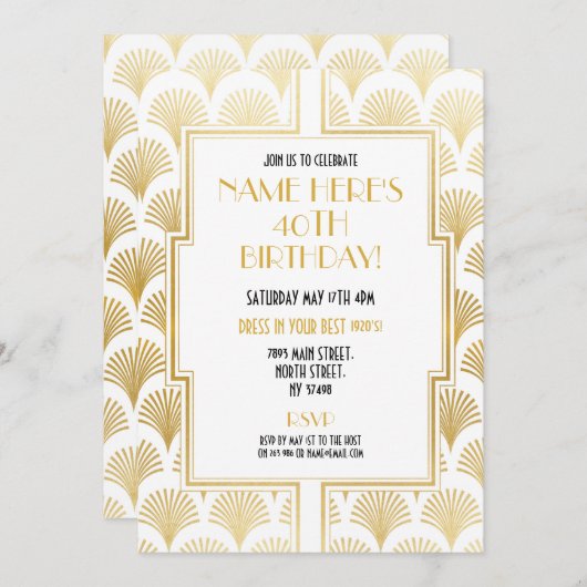 Art Deco Birthday Gatsby Party Gold Twenties uit 1 Kaart (Voorkant / Achterkant)