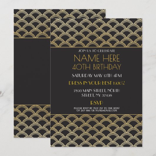 Art Deco Birthday Gatsby Party Invitation 1920 Kaart (Voorkant / Achterkant)