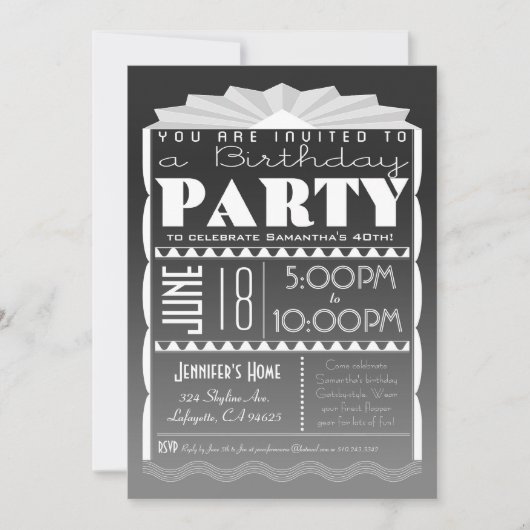 Art Deco Birthday Invitation - Gatsby Style Grey Kaart (Voorkant)
