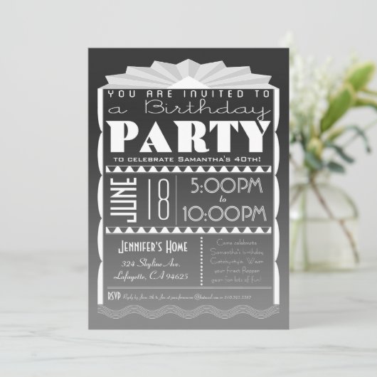 Art Deco Birthday Invitation - Gatsby Style Grey Kaart (Staand voorkant)