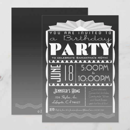 Art Deco Birthday Invitation - Gatsby Style Grey Kaart (Voorkant / Achterkant)