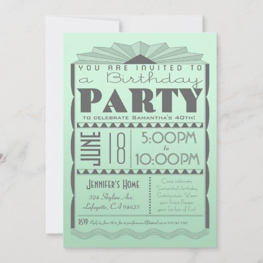 Art Deco Birthday Invitation - Gatsby Style Mint Kaart (Voorkant)