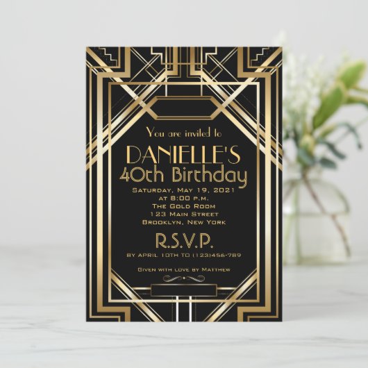 Art Deco Birthday Invitation Roaring 20 Kaart (Staand voorkant)