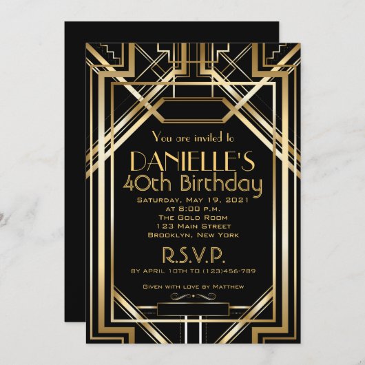 Art Deco Birthday Invitation Roaring 20 Kaart (Voorkant / Achterkant)