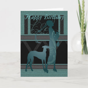 Art Deco Birthday-kaart met Vrouw en hond Kaart