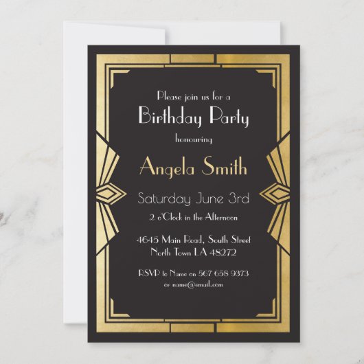 Art Deco Birthday Party Gatsby Black Invite 1920 Kaart (Voorkant)