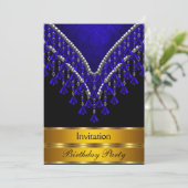 Art Deco Birthday Party Invitation Royal Blue Kaart (Staand voorkant)