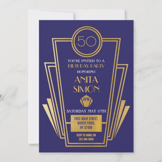 Art Deco Birthday Party Invite Gatsby Gold uit de  Kaart (Voorkant)