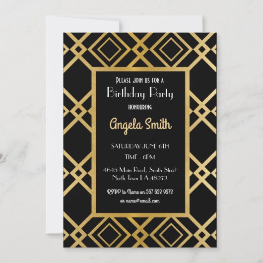 Art Deco Birthday Party Invite Gold Black 1920s 40 Kaart (Voorkant)