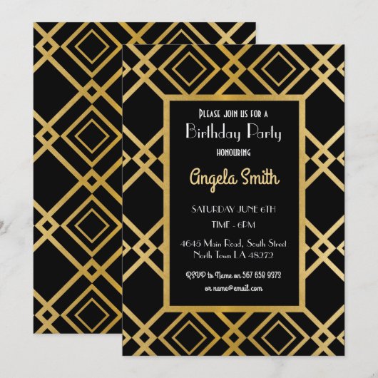 Art Deco Birthday Party Invite Gold Black 1920s 40 Kaart (Voorkant / Achterkant)