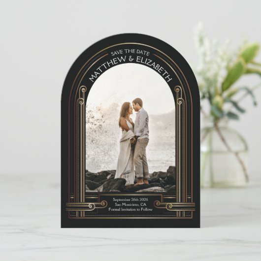 Art Deco Black and Bronze Arch Save the Date Kaart (Staand voorkant)