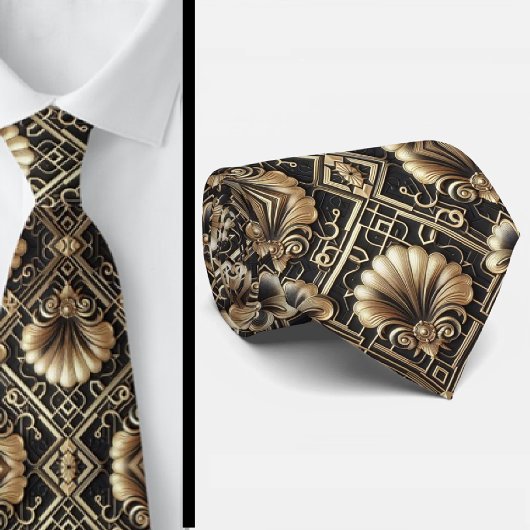 Art Deco Black and Gold Seashell Pattern Neck Tie Stropdas