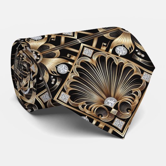 Art Deco Black and Gold Seashell Pattern Neck Tie Stropdas (Opgerold)