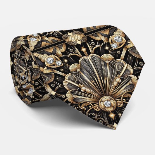 Art Deco Black and Gold Seashell Pattern Neck Tie Stropdas (Opgerold)