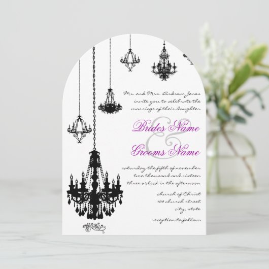 Art Deco Black Chandeliers Pink Wedding Uitnodigin Kaart (Staand voorkant)