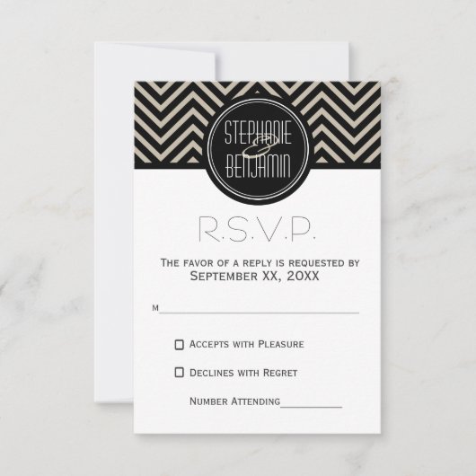 Art Deco Black en Beige Chevron Pattern RSVP Kaartje (Voorkant)