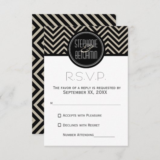 Art Deco Black en Beige Chevron Pattern RSVP Kaartje (Voorkant / Achterkant)