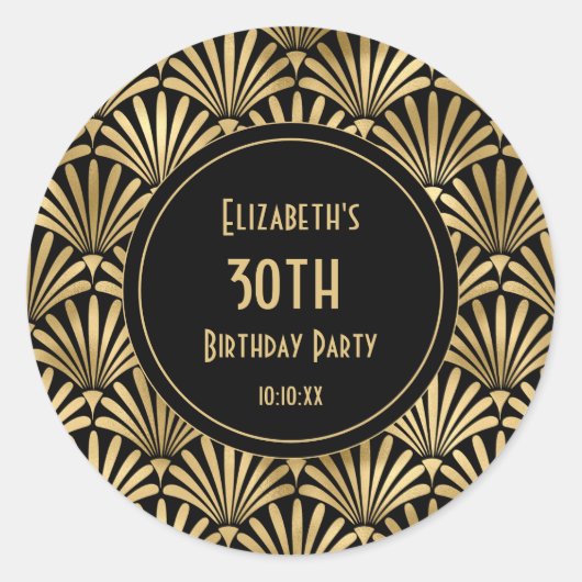 Art Deco Black en Gold 30th Birthday Party Ronde Sticker (Voorkant)