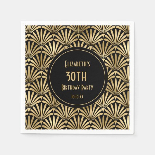 Art Deco Black en Gold 30th Birthday Party Servet (Voorkant)
