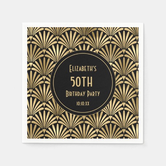 Art Deco Black en Gold 50th Birthday Party Servet (Voorkant)