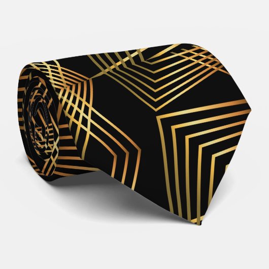 Art Deco Black en Gold Abstract Geometric Pattern Stropdas (Opgerold)