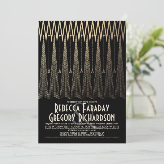Art Deco Black en Gold Gatsby Chic Wedding Kaart (Staand voorkant)