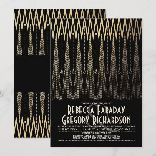Art Deco Black en Gold Gatsby Chic Wedding Kaart (Voorkant / Achterkant)