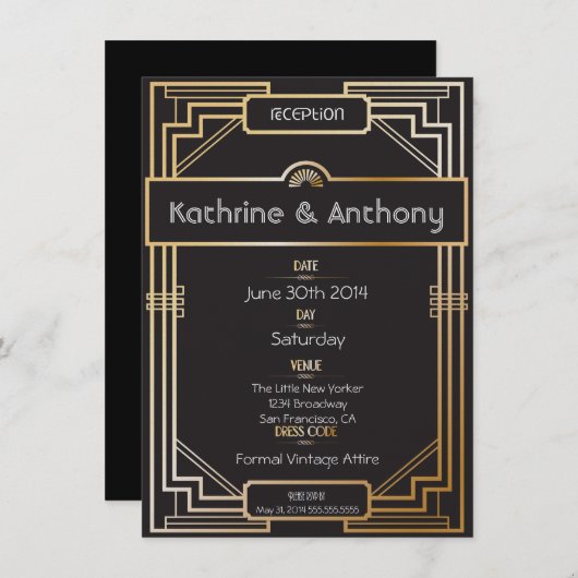Art Deco Black en Gold Gatsby Reception Kaart (Voorkant / Achterkant)