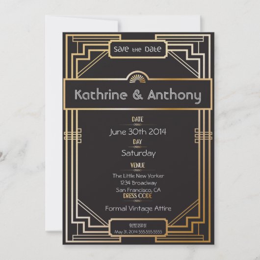 Art Deco Black en Gold Gatsby Save the Date (Voorkant)