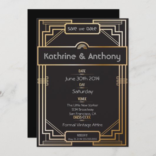 Art Deco Black en Gold Gatsby Save the Date (Voorkant / Achterkant)