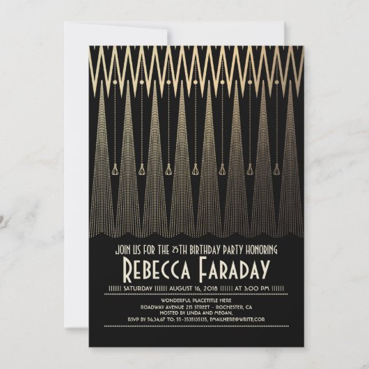 Art Deco Black en Gold Gatsby Verjaardagsfeest Kaart (Voorkant)